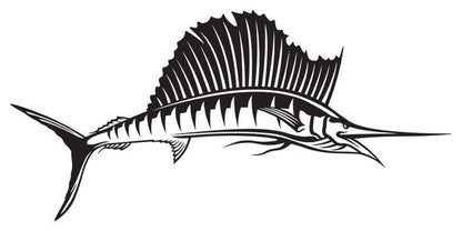 Black and white sailfish wall decal, fully customizable size and text options from 40" to 70". Perfect fish wall stickers for bedroom decor.