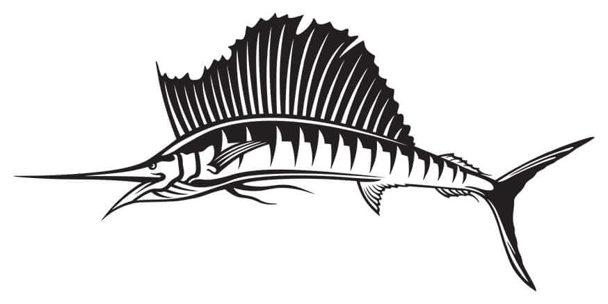 Sailfish wall decal in black, perfect for fish enthusiasts, customizable 40"-70" removable fish wall stickers for any room décor.