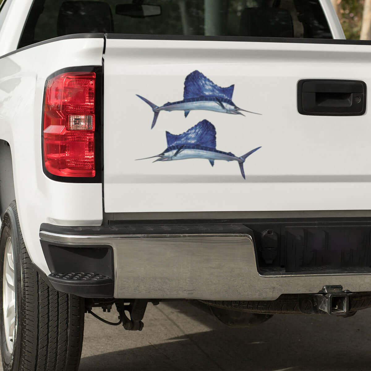 Sailfish large decals on a pickup truck.