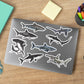 Shark stickers on a laptop.