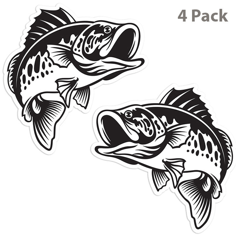Smallmouth Bass stickers, black and white, 5 inch, 4 pack.
