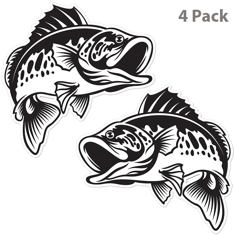 Smallmouth Bass stickers, black and white, 9 inch, 4 pack.