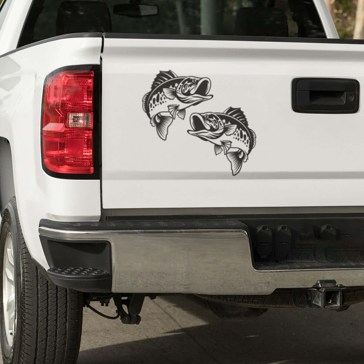 Customizable Smallmouth Bass fishing decals for trucks, in black and white, 14-70 inches, waterproof vinyl.