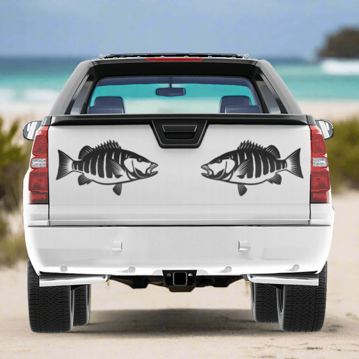 Black snapper fish decals on a truck tailgate, perfect fishing stickers for trucks, made from durable marine grade vinyl.