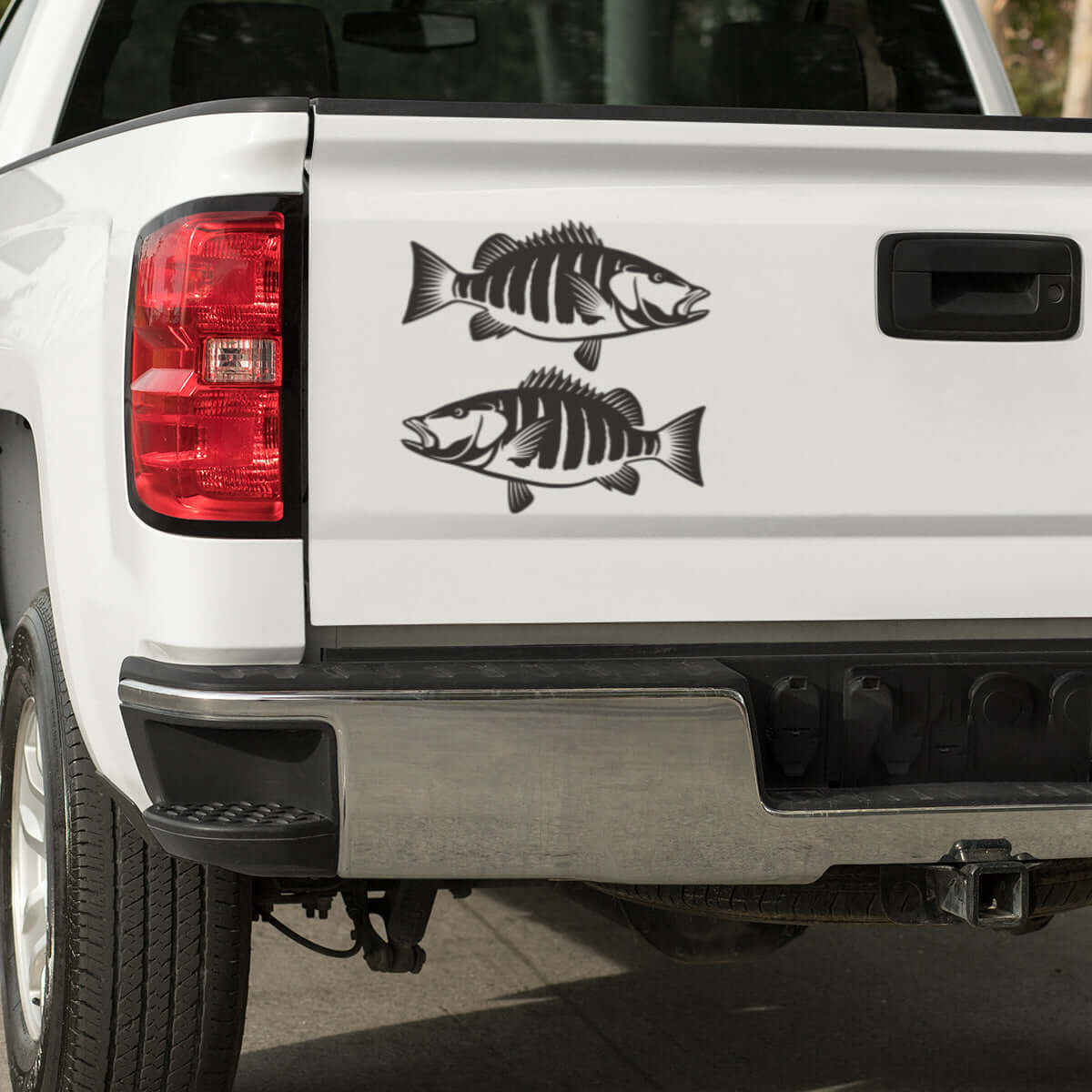 Snapper fish decals on truck tailgate, black marine-grade vinyl, perfect fishing decals for trucks.