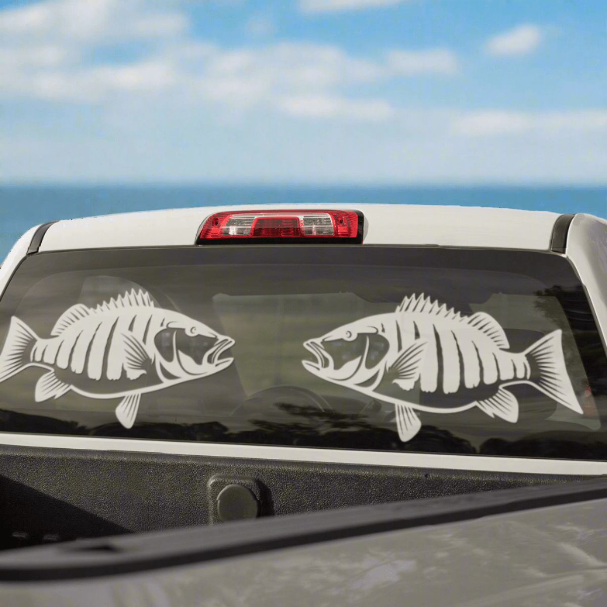 Snapper fish decals on truck window, customizable from 14"-70", perfect fishing decals for trucks, available black or white, marine grade vinyl.