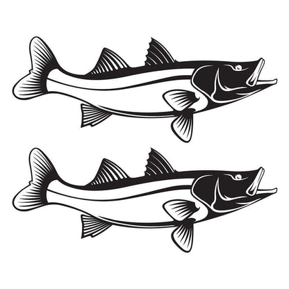 Snook fish wall decals, customizable 40"-70", perfect for fishing enthusiasts. Add up to 10 lines of text. Matte white or black.