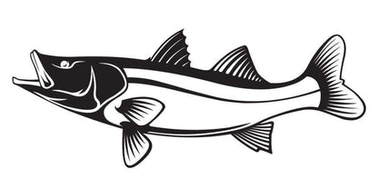 Customizable Snook fish wall decal in black and white, perfect for fishing enthusiasts, with size and text options up to 70 inches.