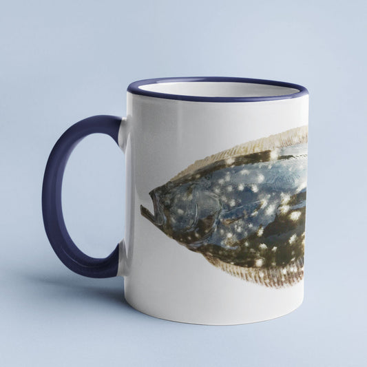 Summer Flounder, Fluke accent mug with dark blue handle on light blue background.