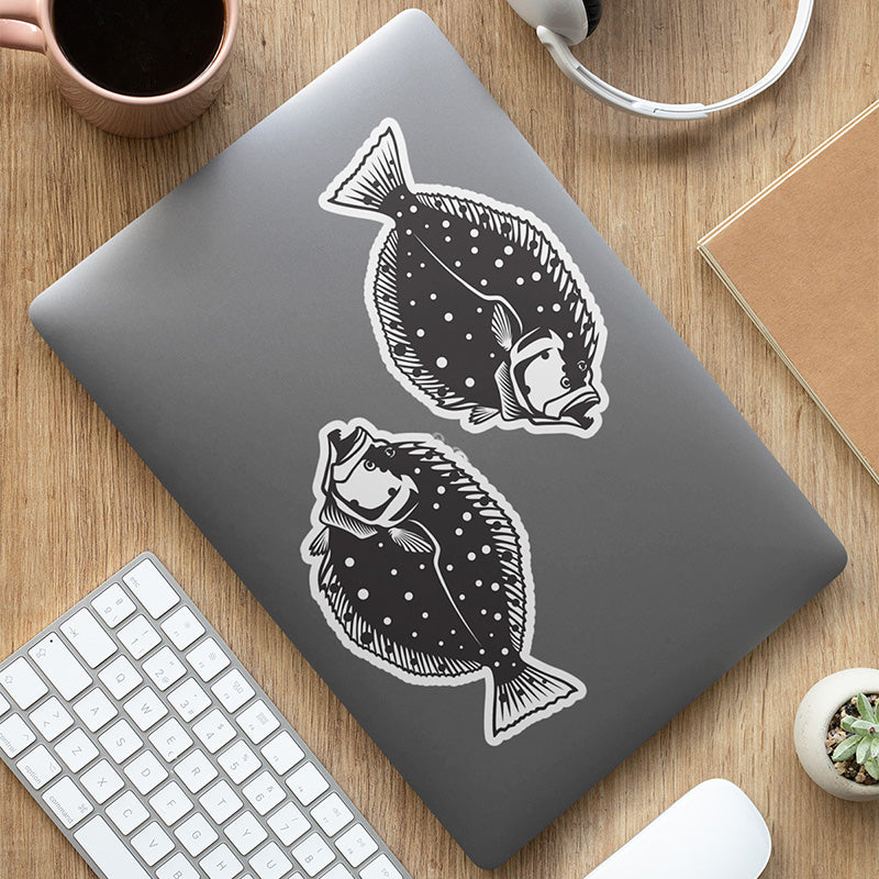 Summer Flounder Fluke stickers on a laptop.