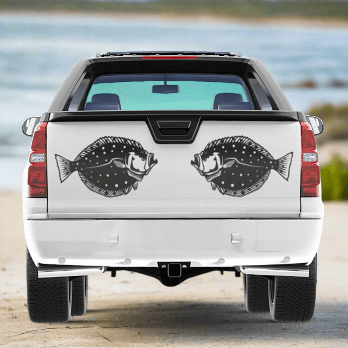 Flounder decals on truck tailgate, weatherproof vinyl fishing stickers for cars, perfect fish decals for outdoor fun.