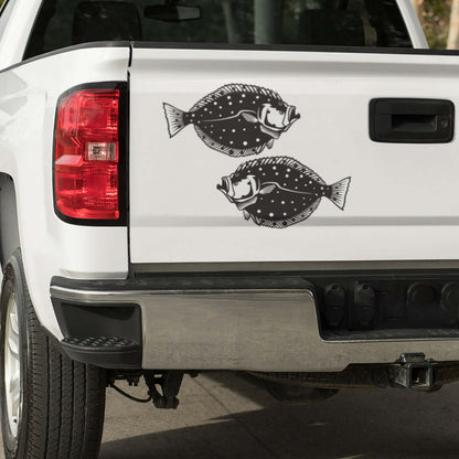 Flounder fish vinyl decals for trucks, black and white design, left and right facing, perfect for fishing enthusiasts.