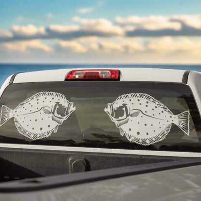 White Summer Flounder fish decals on truck window, perfect fishing stickers for trucks. Durable marine-grade vinyl.