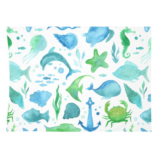 Watercolor fish tapestry featuring sea creatures in vibrant blue and green, perfect fish themed wall art for home décor.