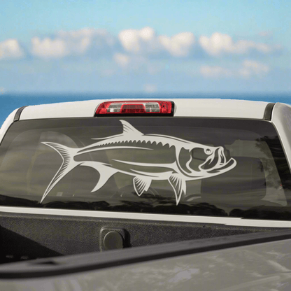 Tarpon large decal on a pickup truck rear window.