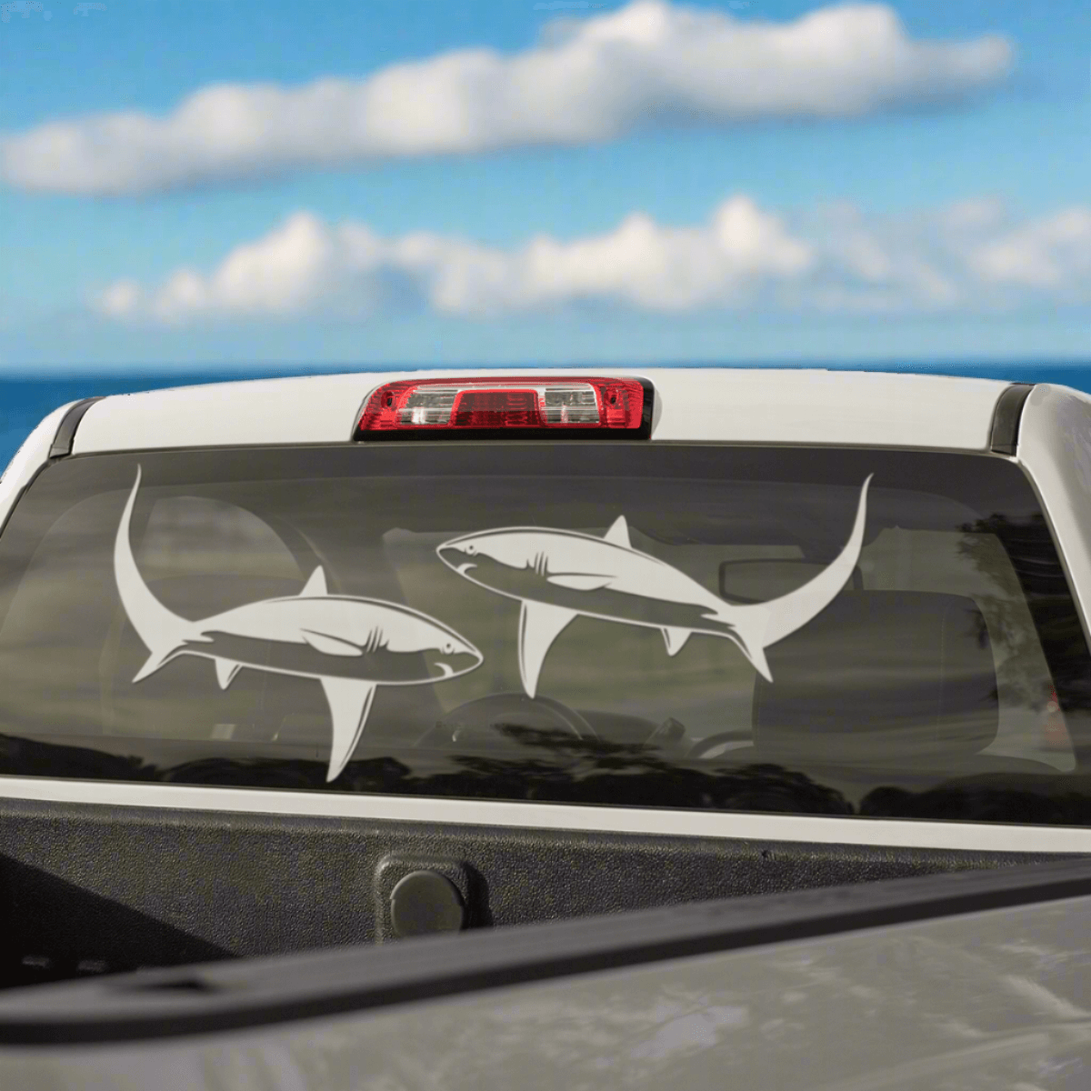 Customizable Thresher Shark fishing decals for trucks, available in 14"-70", left or right facing, perfect fish decals for boats or cars.