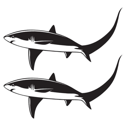 Black and white Thresher Shark decals, perfect fish decals for boats or cars, available in various sizes.