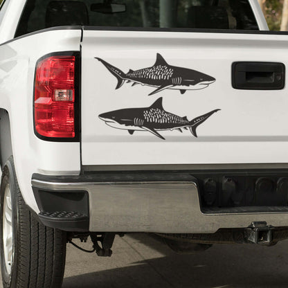 Customizable tiger shark fish decals for trucks, available in 14"-70". Perfect for any vehicle with marine-grade vinyl.