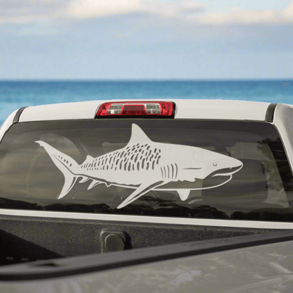 White Tiger Shark decal on truck window, customizable size and text, perfect fishing decals for trucks and boats.