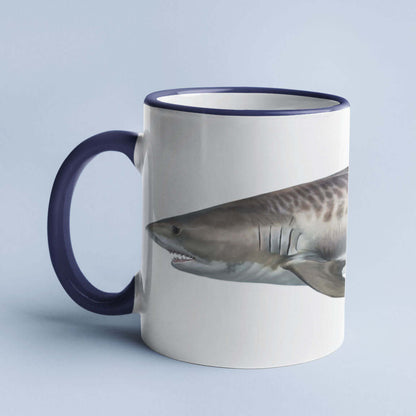 Ceramic mug with a realistic shark design on a light blue background.