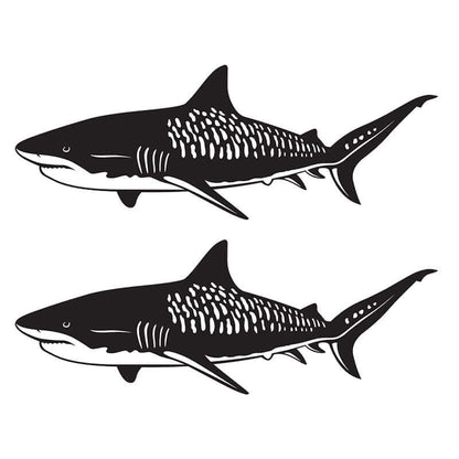 Customizable Tiger Shark fish decals for boats in black or white, 14-70 inches, weatherproof vinyl for cars and boats.