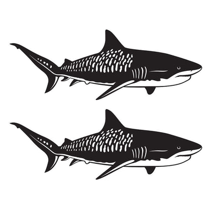 Customizable Tiger Shark fish decals for boats in black, 14"-70", weatherproof vinyl for car or truck, cool fishing decals.