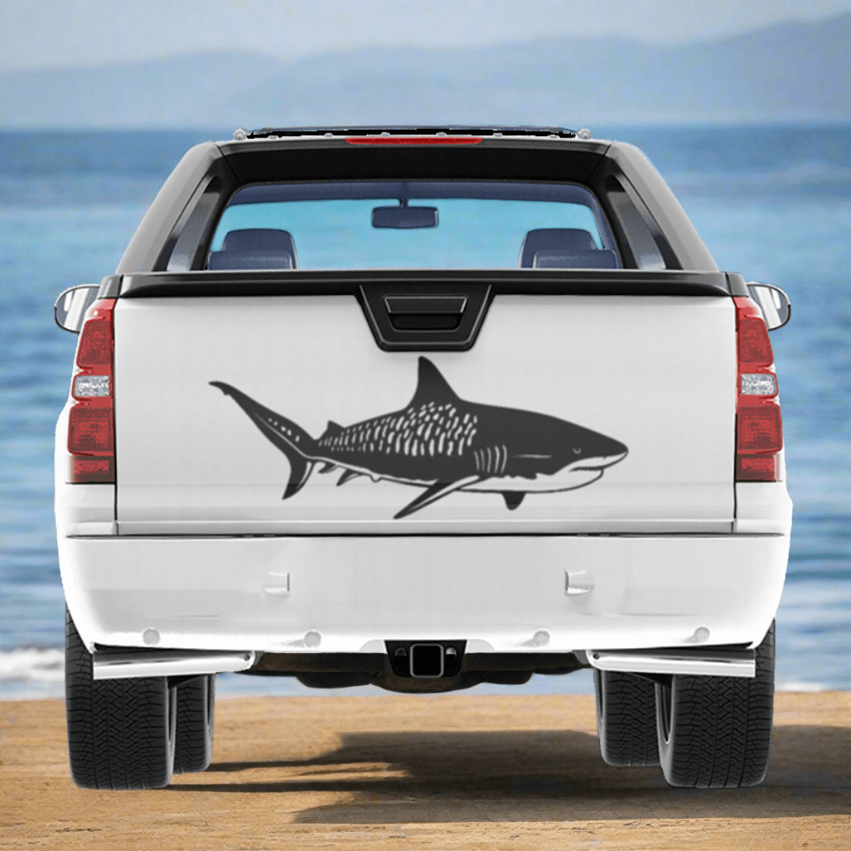 Customizable Tiger Shark decal on truck, size 14-70 inches, perfect fishing decals for trucks in black or white, waterproof vinyl.