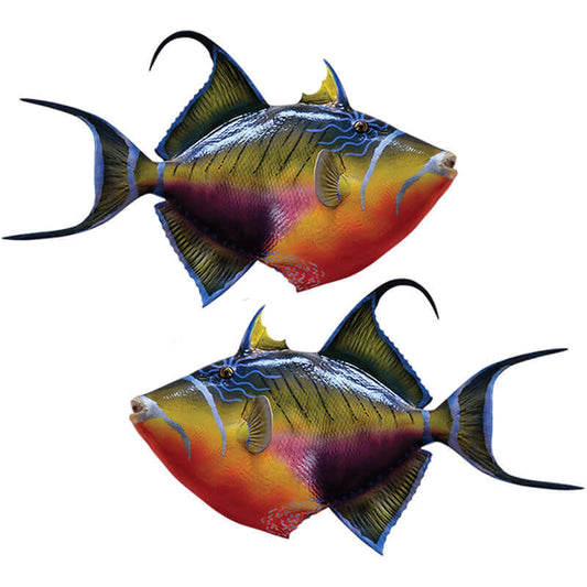 Colorful triggerfish wall decals, fully customizable with text options, perfect for large fish wall decor, sizes from 40" to 70".