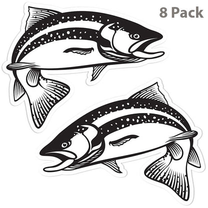 Trout stickers, 5 inch, black and white, 8 pack.