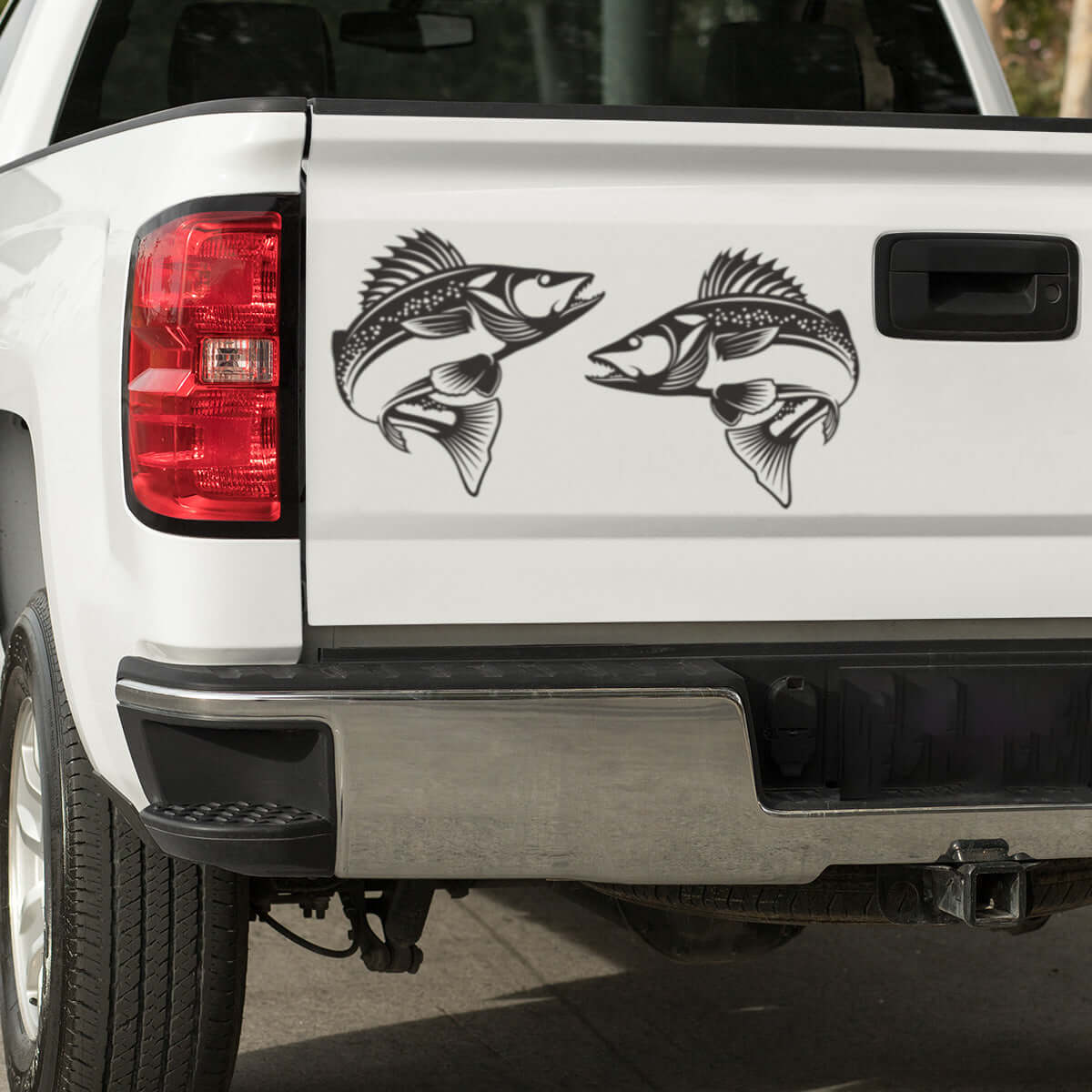 Walleye large decals on a pickup truck.