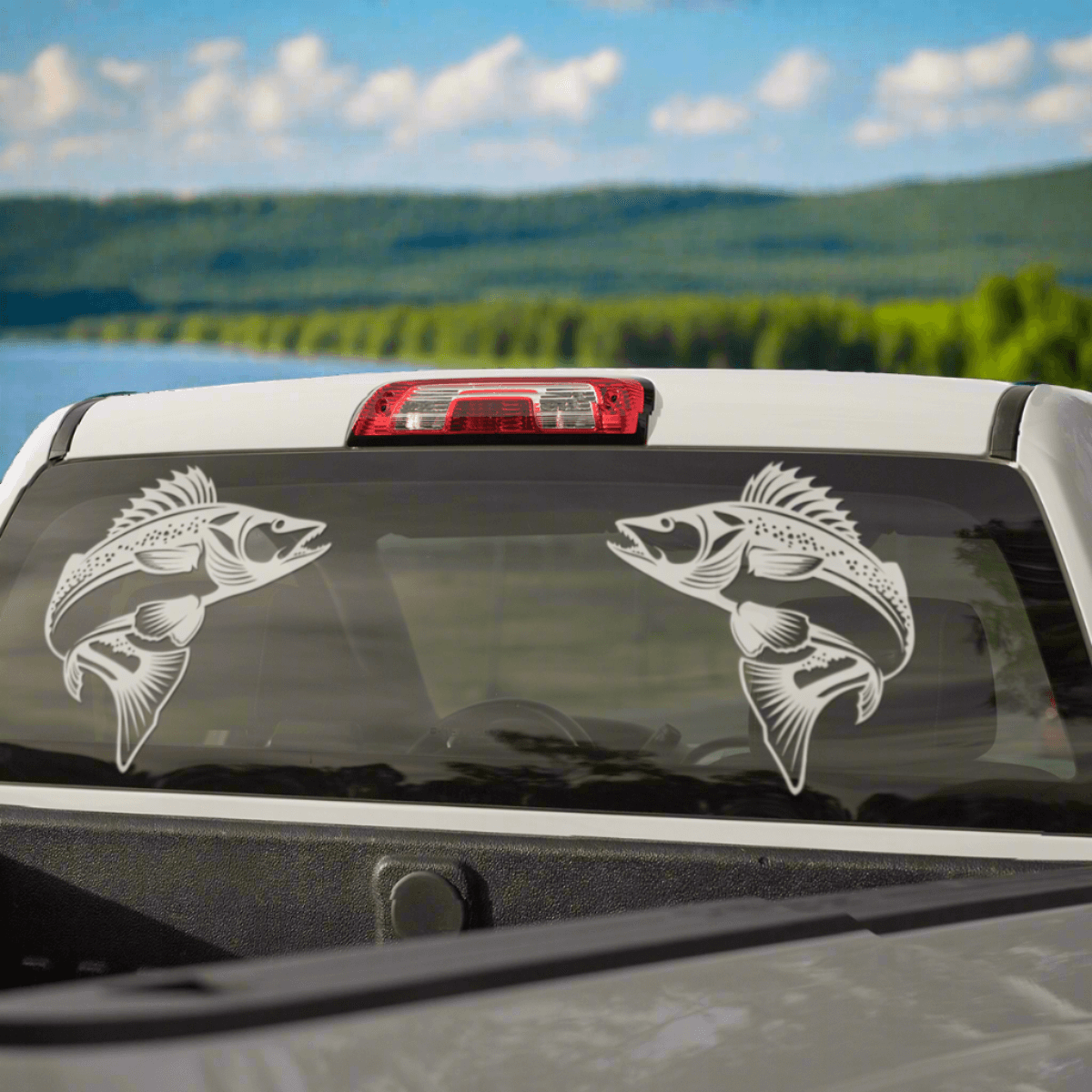 Walleye large decals on a pickup truck window.