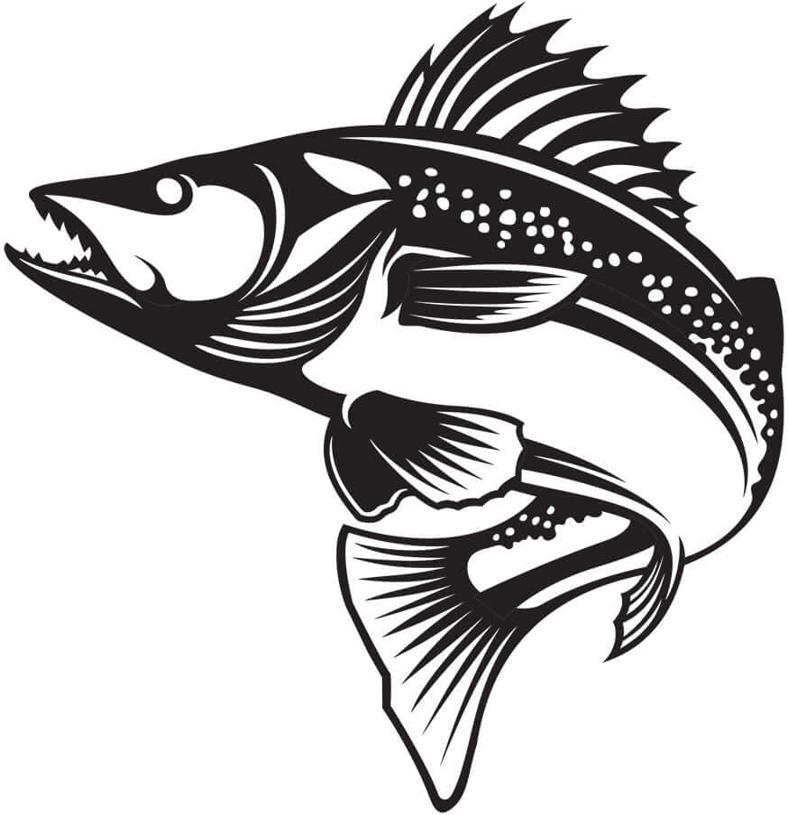 Walleye fish wall decal in black and white, perfect for fish enthusiasts and customizable for living room decor.