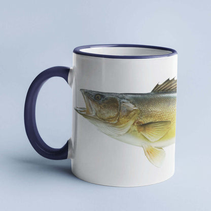 Ceramic mug with a detailed fish illustration, featuring blue handle and rim design.