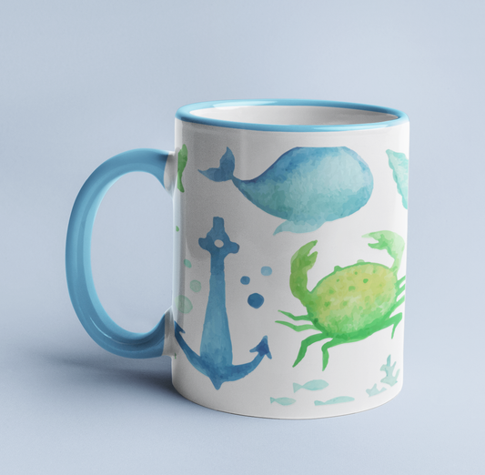 Watercolor Undersea mug on a light blue background, with a light blue handle and rim. 