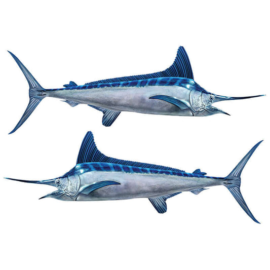 Customizable White Marlin fish wall decals, 40"-70", perfect for fish enthusiasts. Large fish wall decor with optional text lines.