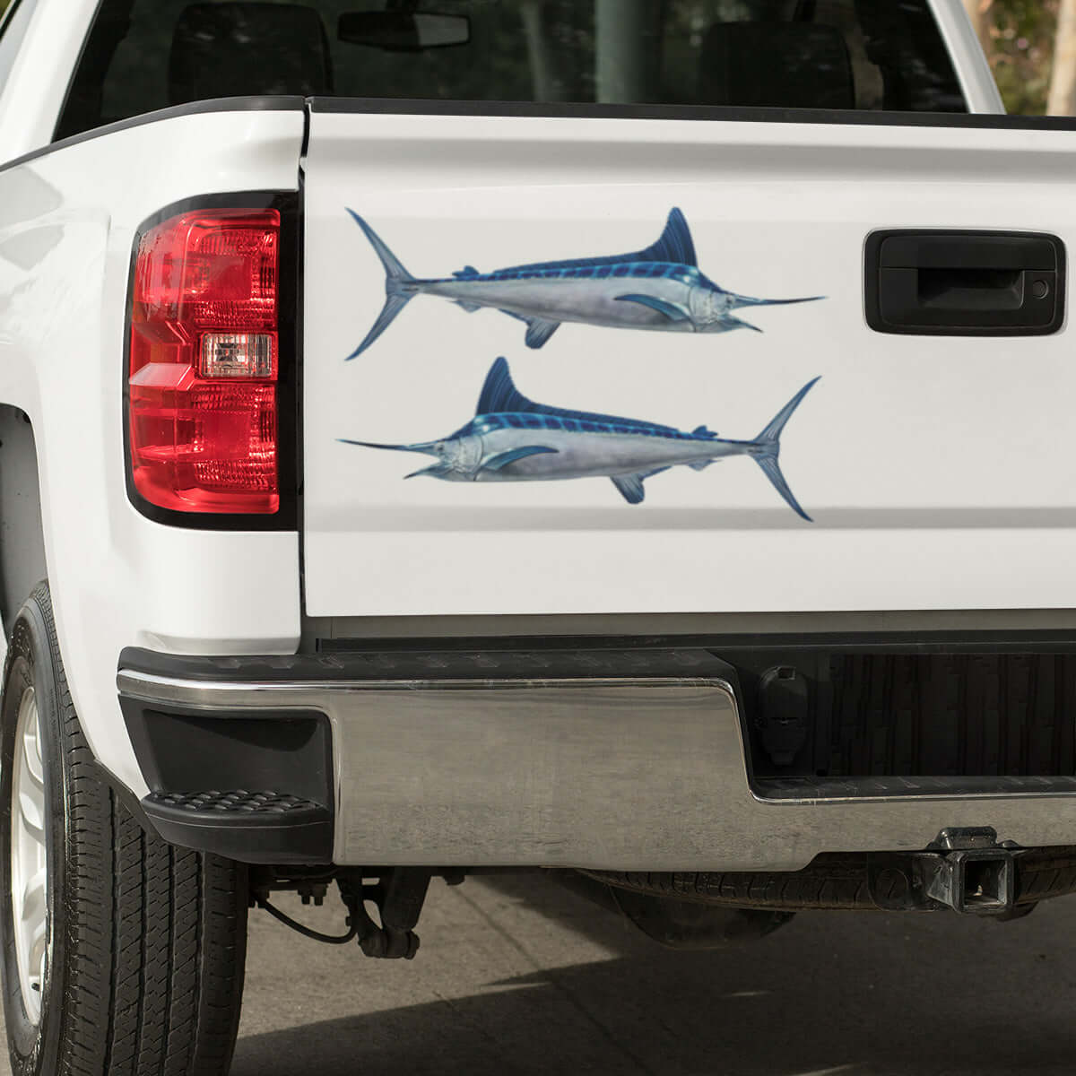 White Marlin large decals on a pickup truck.