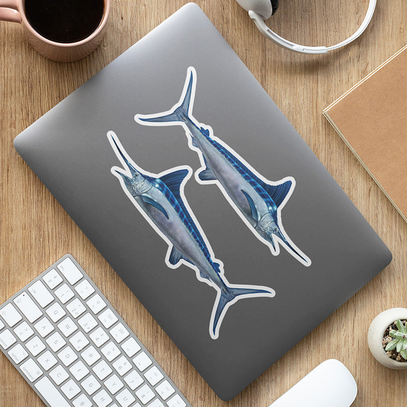 White Marlin stickers on a laptop.
