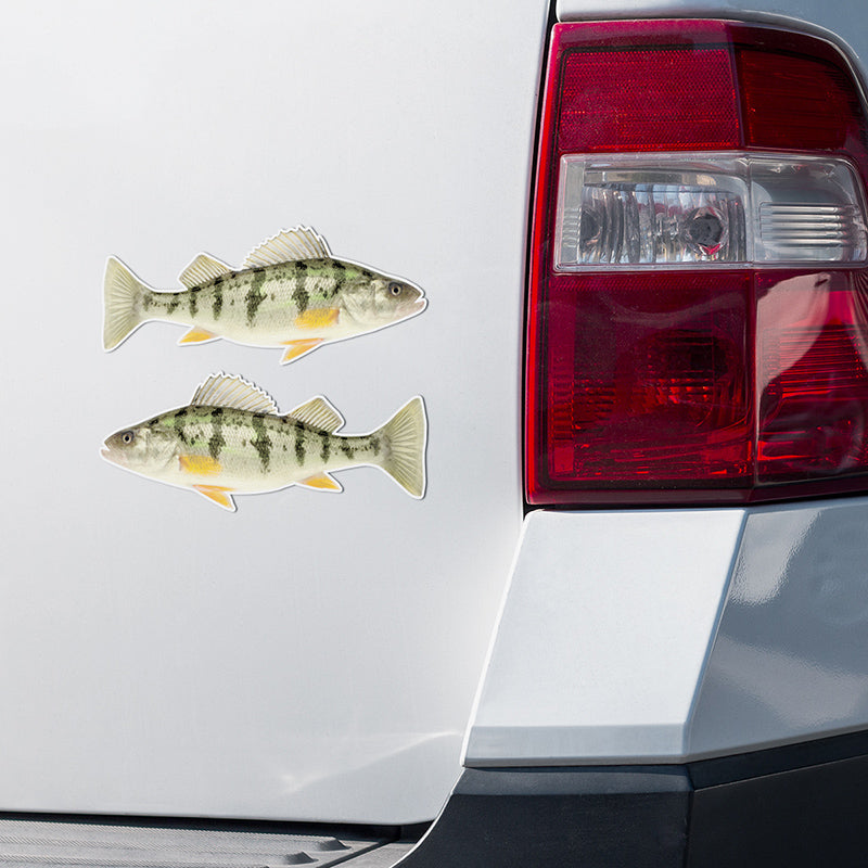 Yellow Perch stickers on a white truck.