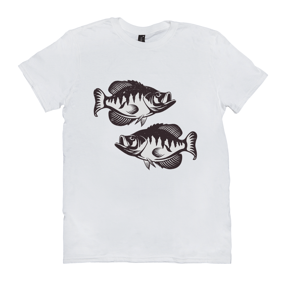 White Crappie T-shirt featuring black and white detailed design of sport fish, perfect for fishing and angling enthusiasts.