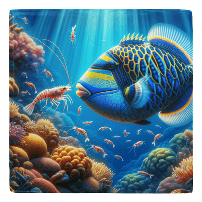 Colorful fish décor with vibrant underwater scene featuring fish and shrimp among coral reefs.