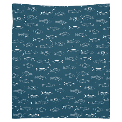 "Sealife Sketch wall tapestry with intricate fish wall art design on soft blue fabric"