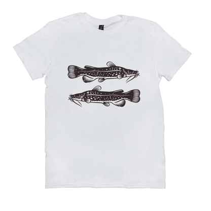 Flathead Catfish T-Shirt in white with a black and white fish design for anglers, made of comfortable and durable 100% cotton.