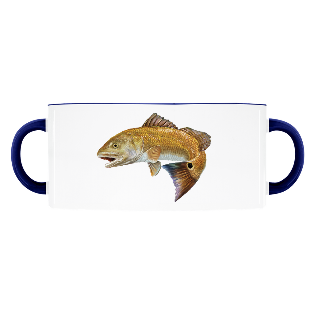 Red Drum accent mug with dark blue handle and rim on white background.
