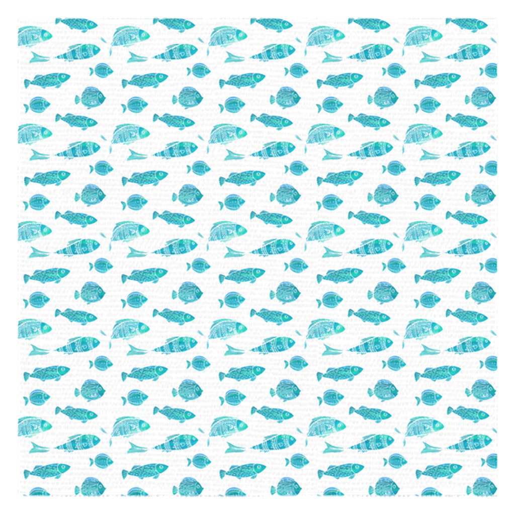 Vibrant watercolor blue and green fish pattern on a durable tablecloth, perfect for dining with an aquatic flair.