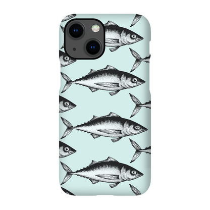 "Aqua phone case with black and white fish pattern design"