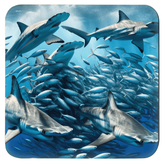 Sharks swimming with school of fish on colorful beverage coaster, part of a fun drink coasters set.