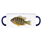 Pumpkinseed Sunfish accent mug with dark blue handle and rim on white background.