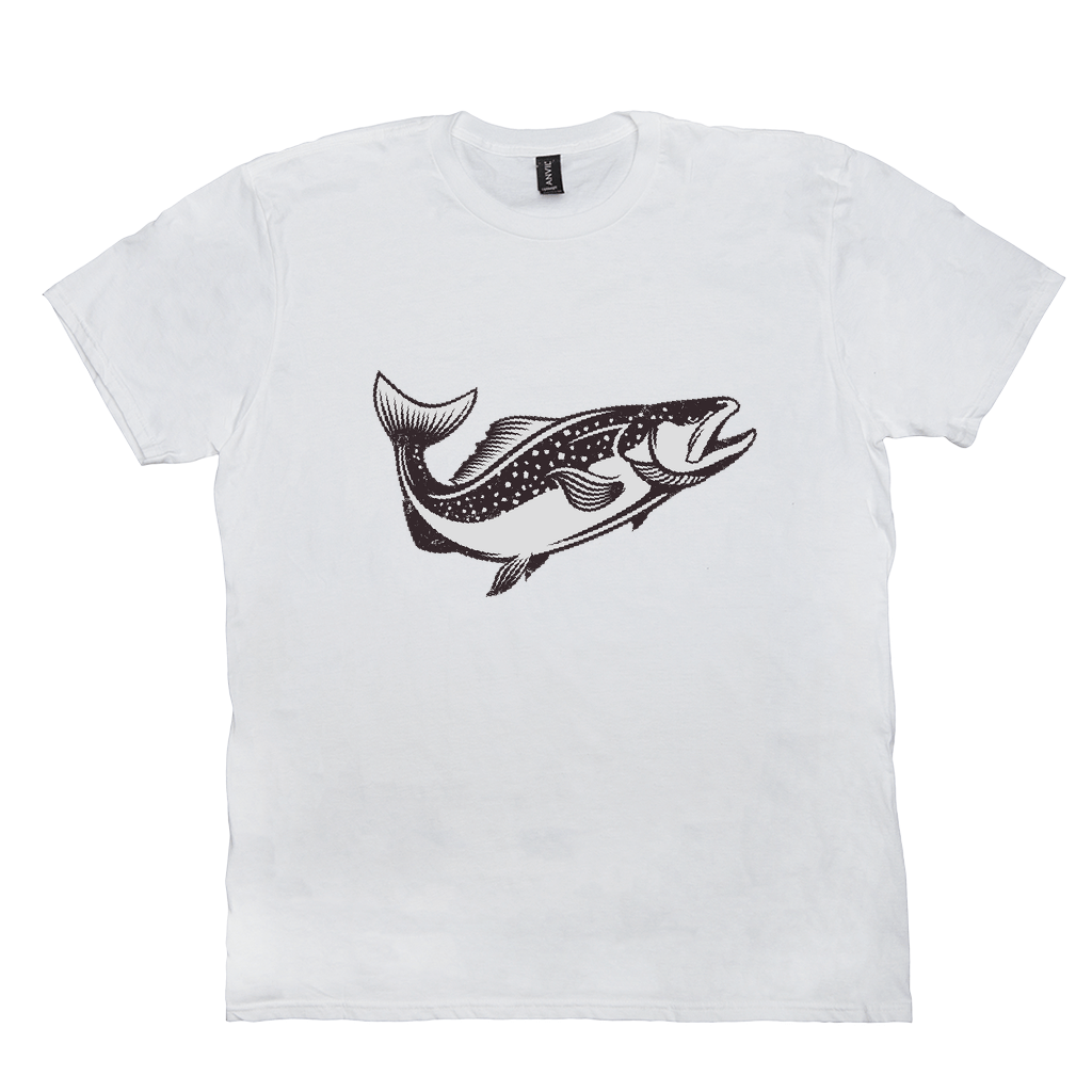 White Trout T-Shirt featuring black and white trout design, perfect for fish enthusiasts, fishing, and angling lovers.