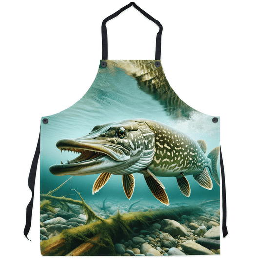 Apron with vibrant Northern Pike design, perfect for fishing enthusiasts and adding personality to your cooking.