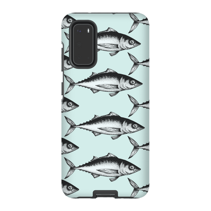 Smartphone case with repeating fish pattern on a light blue background